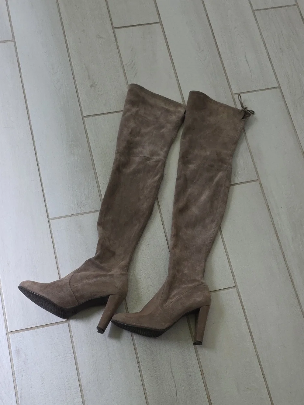 Stuart Weitzman Taupe Suede Thigh High Heeled Boots